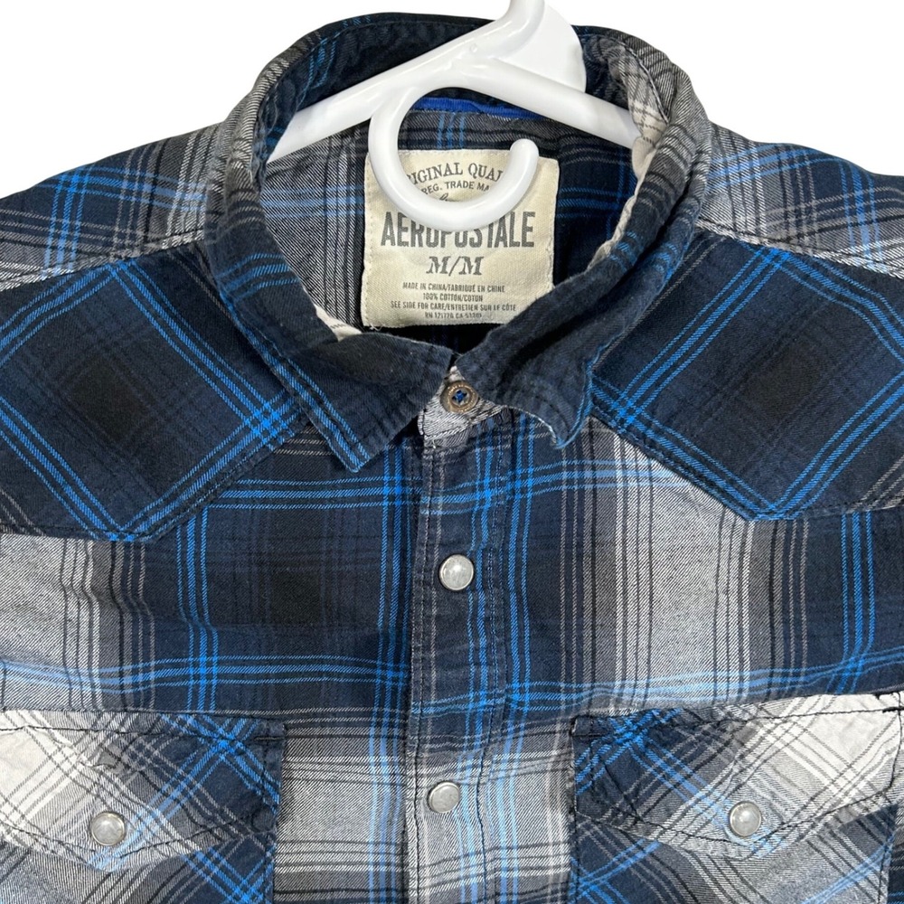 Aeropostale Men's M Blue Black Plaid Western Pearl Snap Button Down Shirt Cotton